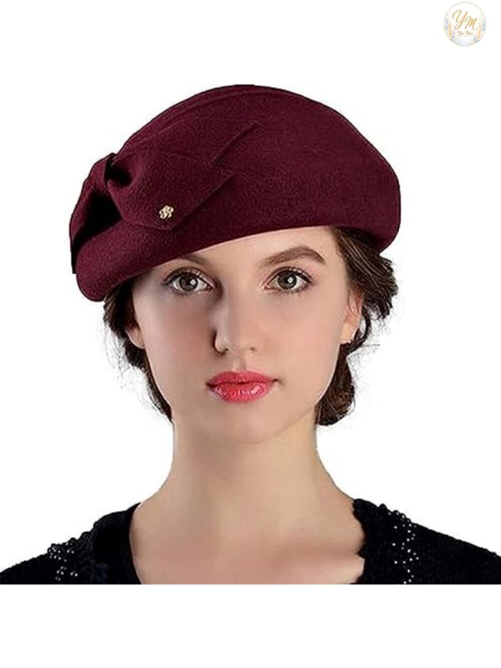 Vintage Wool Felt Beret with Bowknot Beading Adjustable Warm Cap